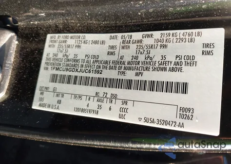 2018 Ford Escape Se from USA, damaged, VIN 1FMCU9GDXJUC61592